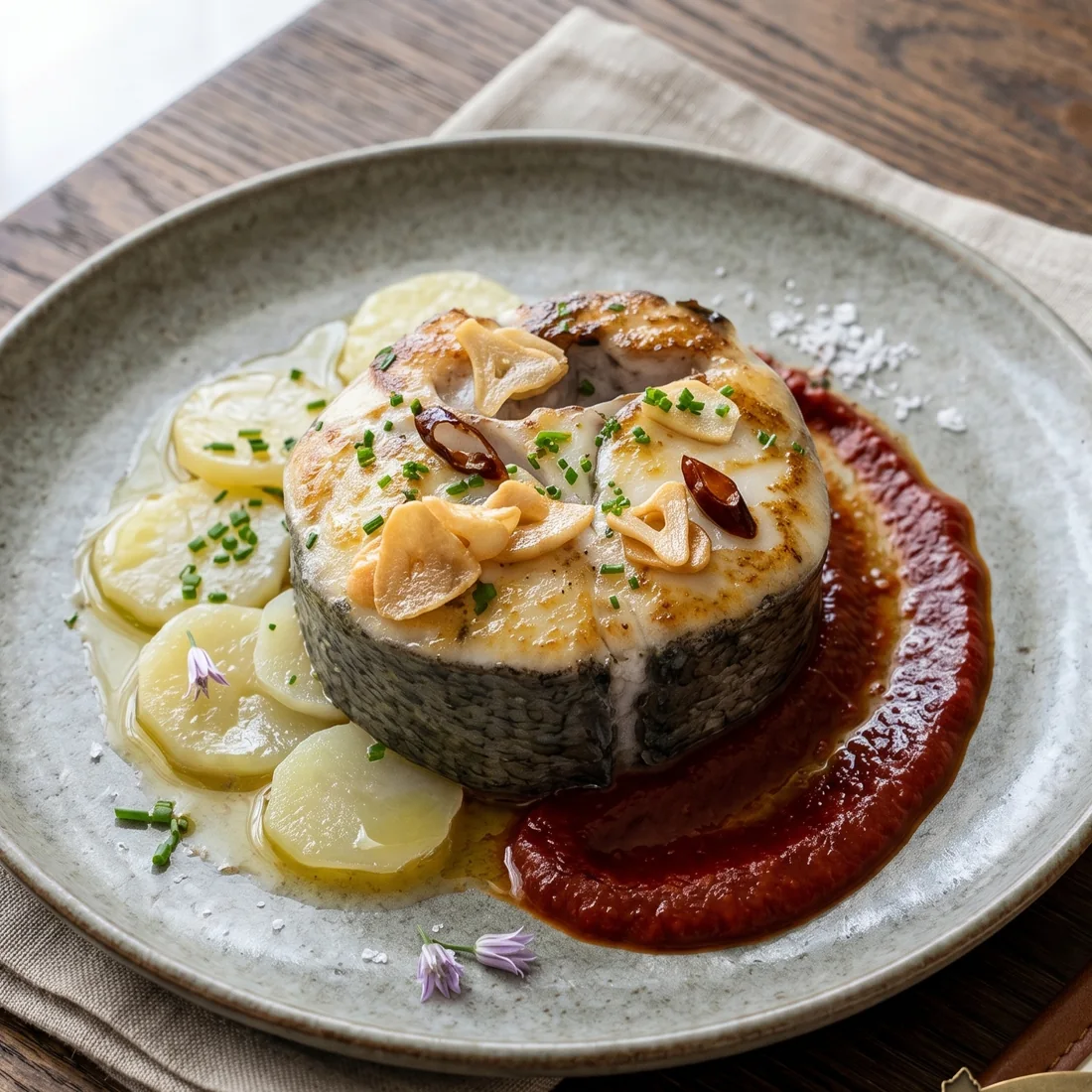 Pescado con patatas y salsa